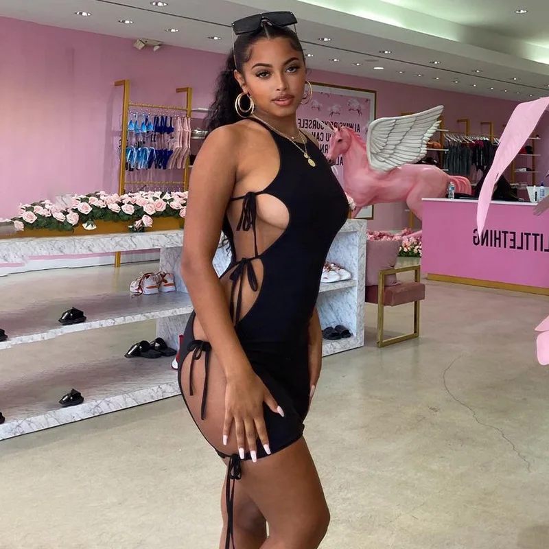 

2021 Hot Sale New Fashion Light Luxury Sexy Women's Pure Color Hanging Neck Sling Double Side Hollow Lace Up Slim Short Dress
