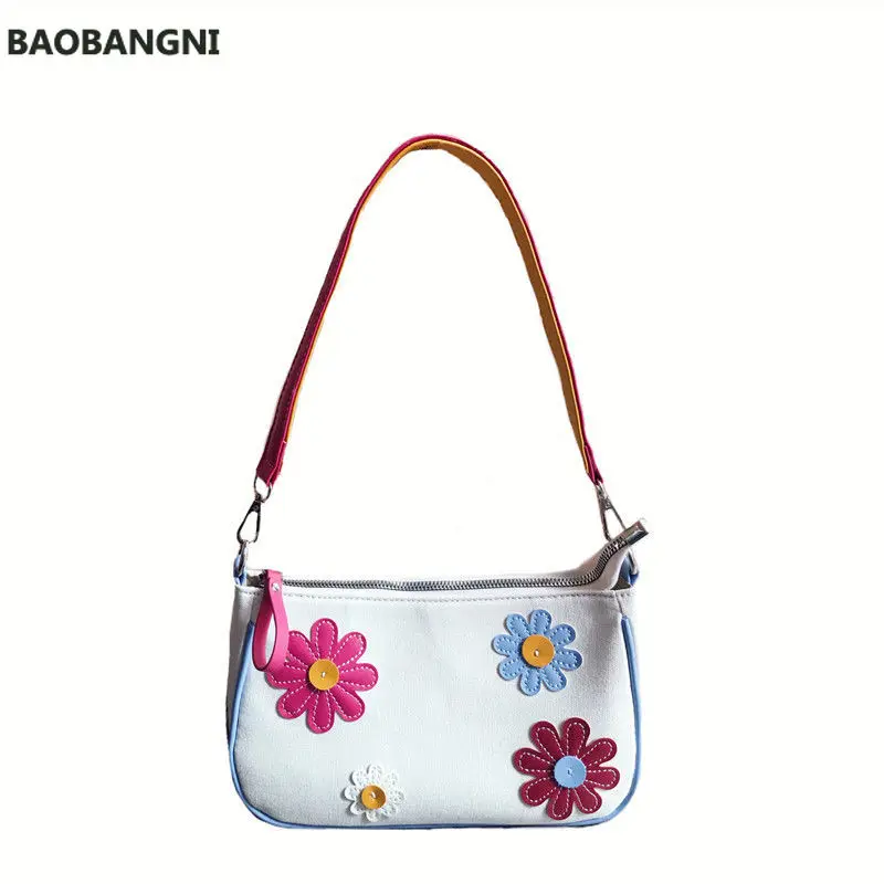 

Vintage Flower Women Baguette Underarm Bag Contrast Color Ladies Canvas Purse Handbags Lovely Female Small Shoulder Bags Bolsas
