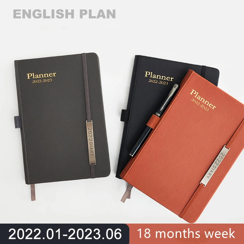 

A5 PU Leather Notebook 2022 Schedule 18 Month Week Plan Book Retro Diary Notepad With Strap,Pen Insert,File Bag,100 Inner Pages