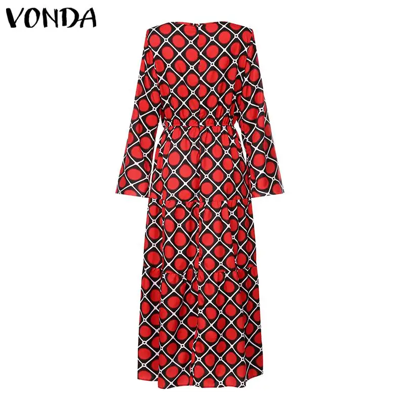 VONDA Брендовое осенне-весеннее платье с длинными рукавами и круглым вырезом и принтом повседневное свободное пляжное вечерние богемные сарафан большого размера Vestidos 5XL