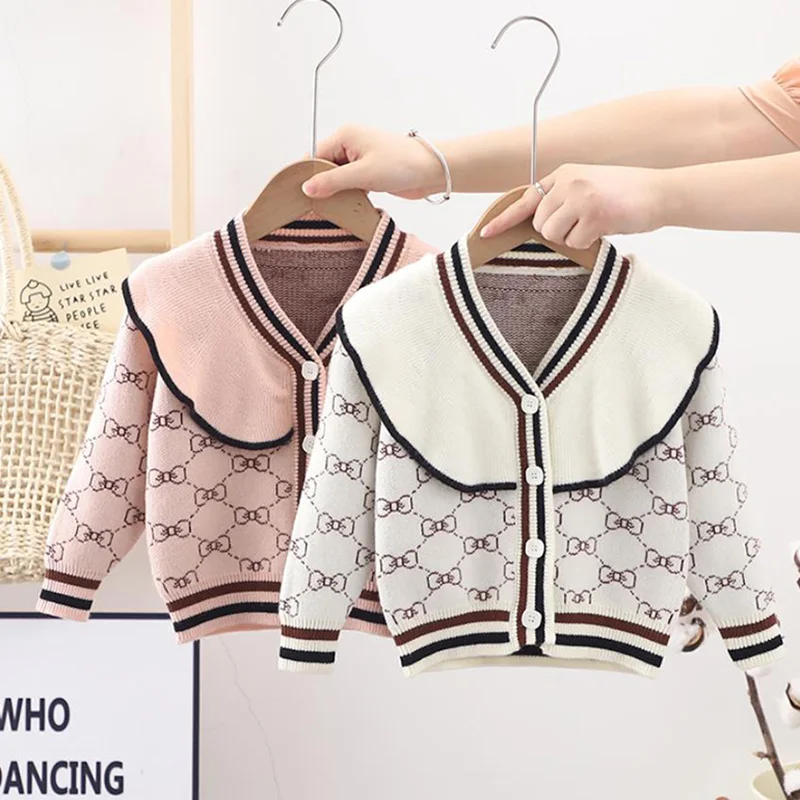

Spring Autumn Girls Knitted Cardigan Sweater Kids Clothing Girls Lapel Cute Bowknot Sweaters Kids Outwear Coat Baby Girl Clothes