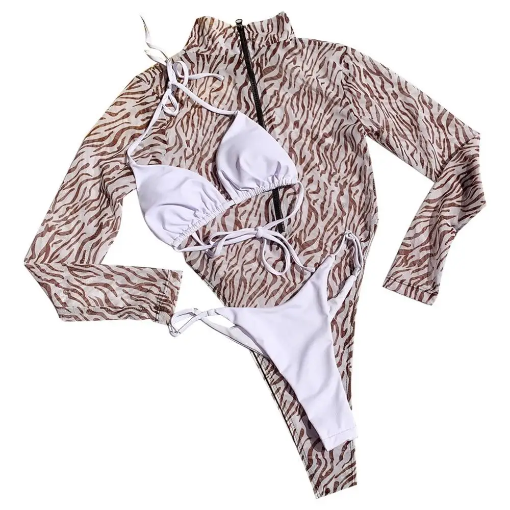 Women Three-Piece Leopard Mesh Bandage Bikini Set Sexy Zipper Swimwear Bodysuit 2020 Summer Beachsuit For Female New Fashion | Спорт и