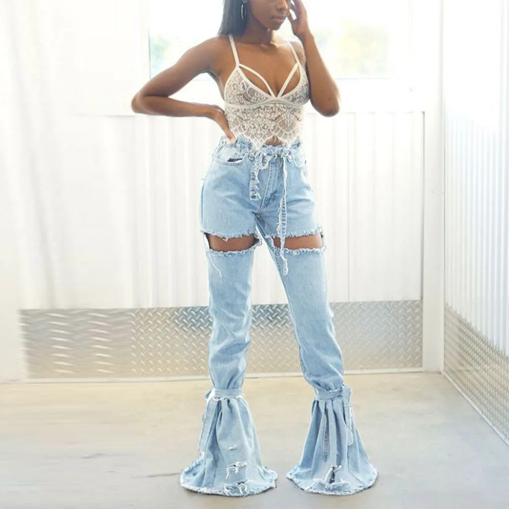 Новинка 2020 весенние женские синие расклешенные брюки со средней талией