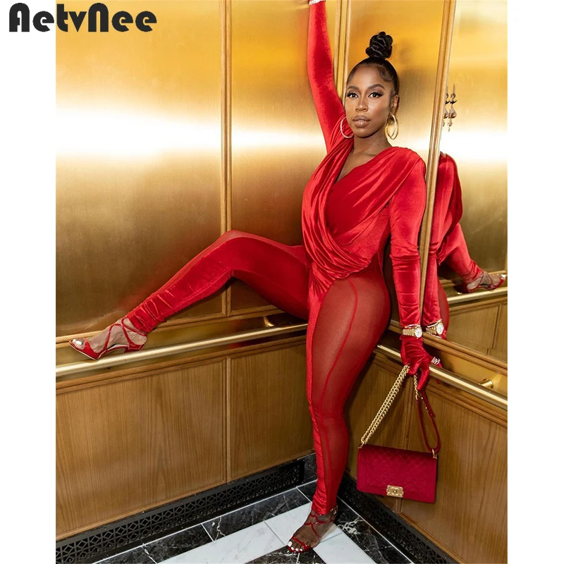 

AetvNee Velvet Patchwork Jumpsuits Women 2021 Fall Full Sleeve V-Neck Mesh See Through One Piece Rompers Sexy Fashion Outfits