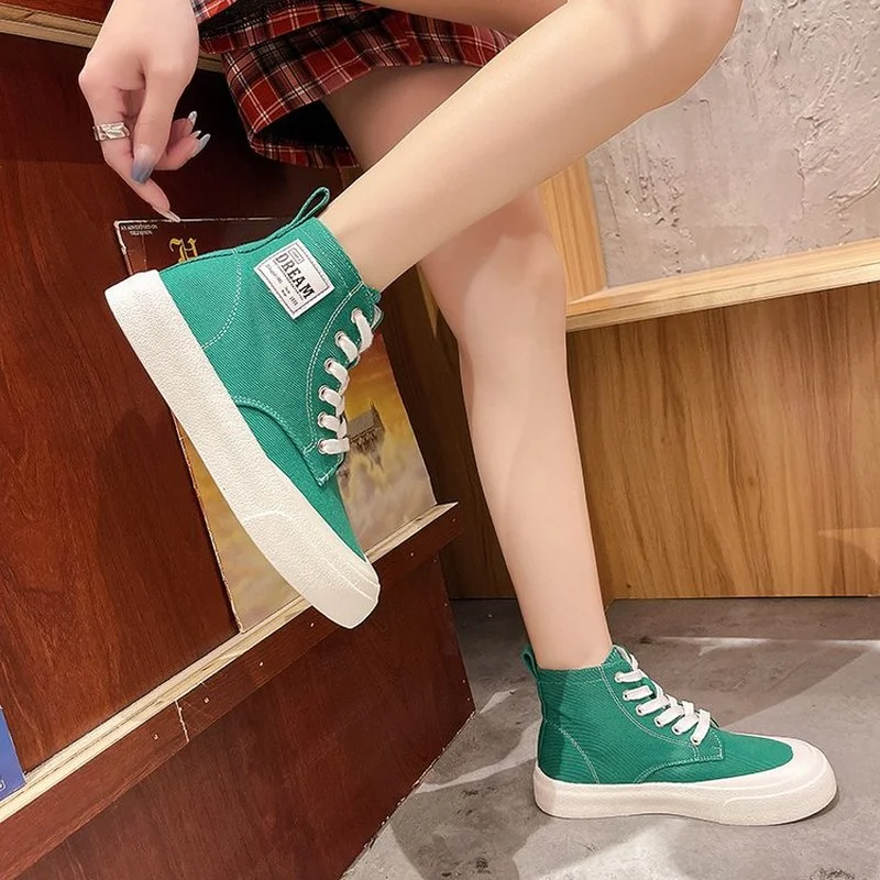 

High-top shoes female spring or autumn 2021 new student thick-soled canvas shoes female Korean version of all-match casual shoes