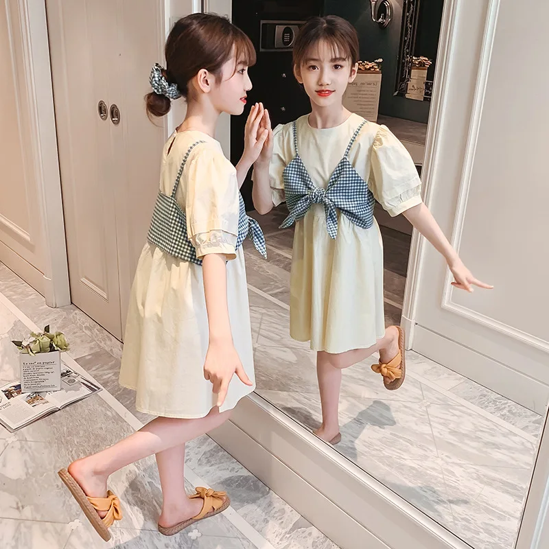 

Girls' short-sleeved dress 21 summer new children's clothing, children's middle and large girls, bowknot sling dress