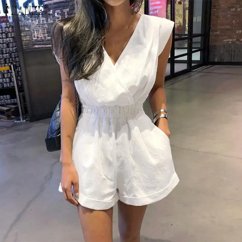 Ladies Summer Open Back Jumpsuit Flexible V-neck Solid Color Sleeveless Shorts Women Outdoor Jumpsuit Loose Casual Jumpsuit