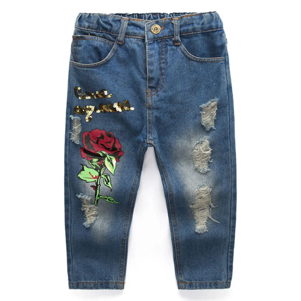 Модный костюм для девочек свитер с розой + джинсы штаны цветочным принтом детская