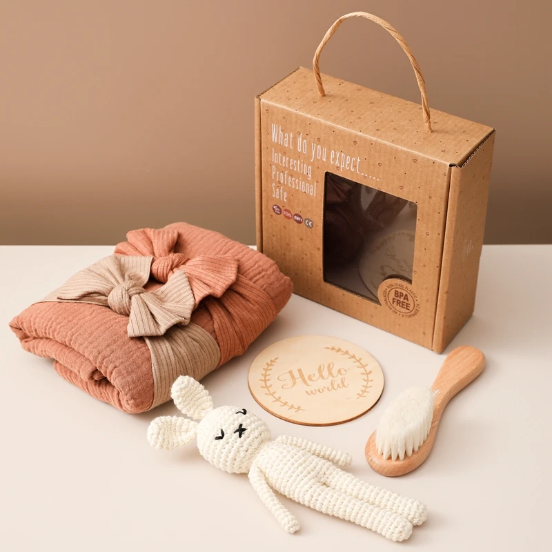 1set Baby Care Bath Products Cotton Blanket Baby Headband Milestones Brush Crochet Rabbit Doll Photography Props Set Birth Gift