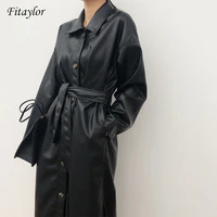 fitaylor pu leather long jacket 2021 new spring women loose belt faux leather windbreaker trench coat slim spring jacket