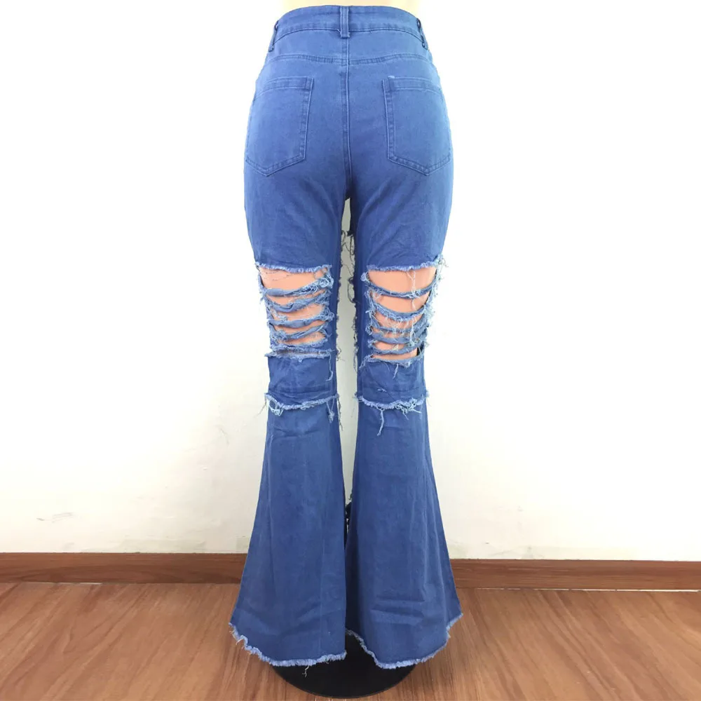 

Big Hole Hollow Out Casual Bell Bottom Pant Women Trendy High Waist Zipper Fly Denim Pant High Street Fur-lined Washed Jeans