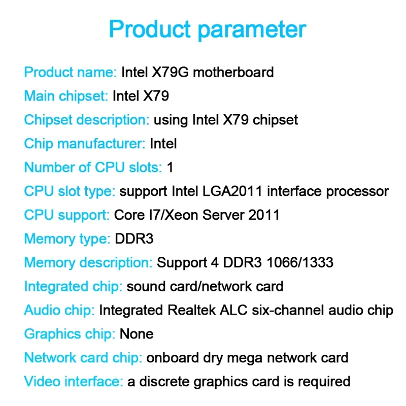 

X79G Computer Motherboard DDR3x4 Memory Slots SATA2.0 NVME M.2 PCI-E 4X Gigabit Adaptive Network Card 10 x USB2.0 ports