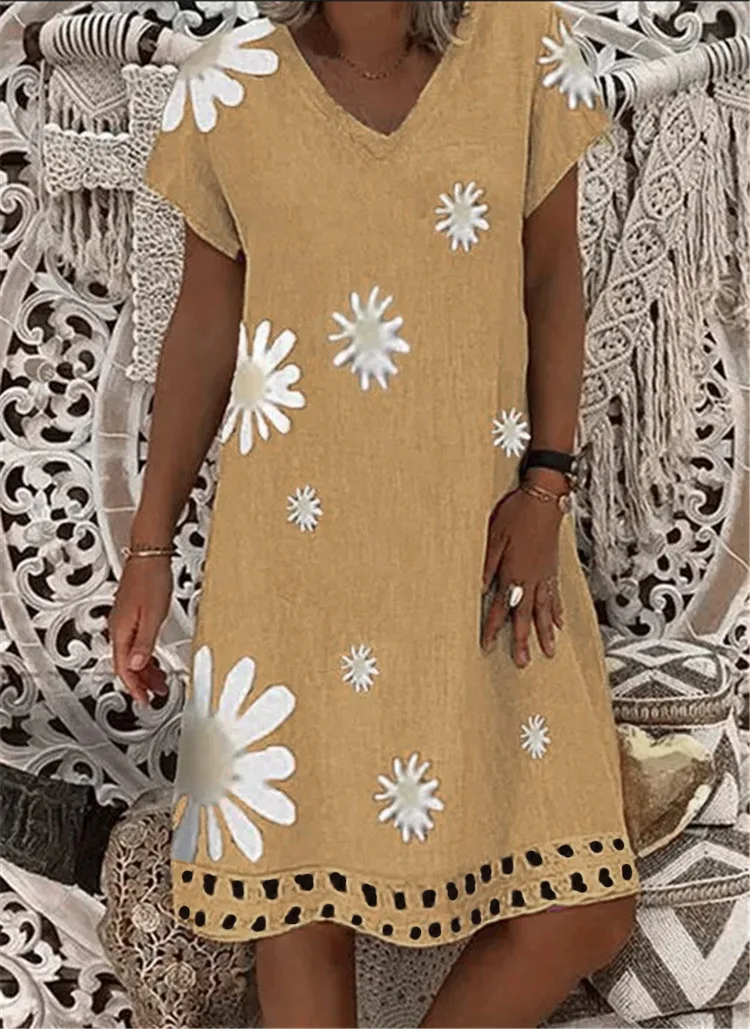 

Dress Women V Neck Sexy Bohemian Dress Short Sleeve Floral Print Sashes Summer Dress Vestidos Mujer plus size