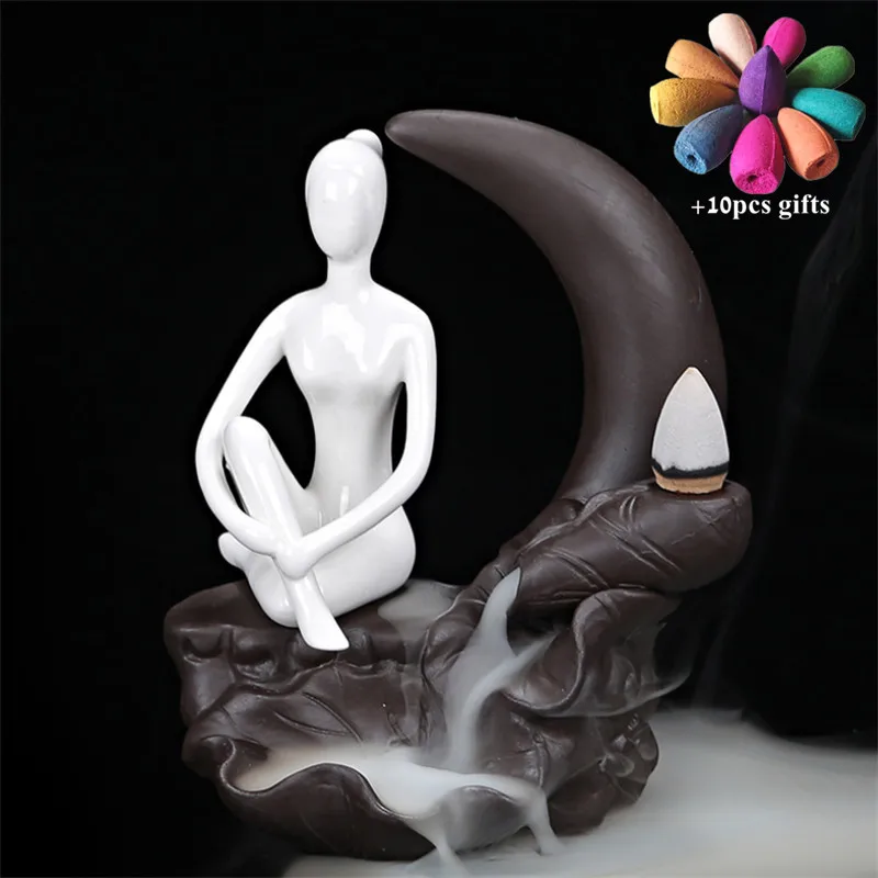 With 10pcs mixed-E Пруд Лунная горелка йога девушка курильница для благовоний горелка Керамическая дым водопад курильница использовать в домашнем офисе+ 10 шт пирамидки благовоний - Цвет: With 10pcs mixed-E