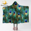 BlessLiving Peacock Feather Hooded Blanket Bird Sherpa Fleece Throw Blanket for Adults Blue Turquoise Wearable Blanket With Hat 1