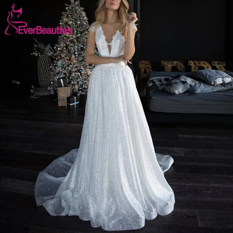 

Vestido De Noiva 2020 Wedding Dresses A-Line Shiny Sequins Dubai Arabic Wedding Gown V-Neck Bride Dress Robe De Mariee