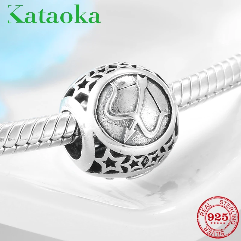 925 Sterling Silver round Sagittarius 12 Constellation zodiac Bead Fit Original European Charm Bracelet Jewelry making | Украшения и