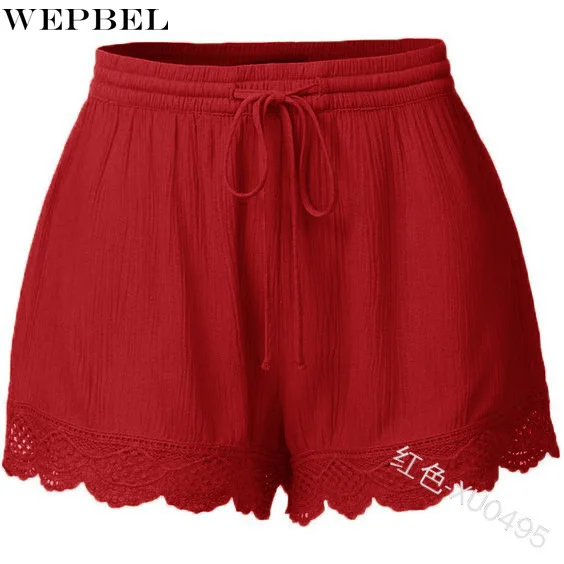 

WEPBEL Lace Solid Color Shorts Women's Casual Lace Up Elastic Low Waisted Shorts Summer Loose Straight Shorts