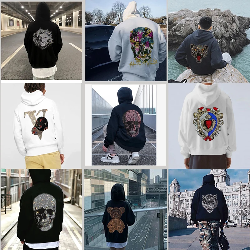 

Harajuku Fall/Winter Fleece Hooded Hoodie Men's XL Cotton Customized Black and White Warm Jacket Student Hot Diamond Pattern