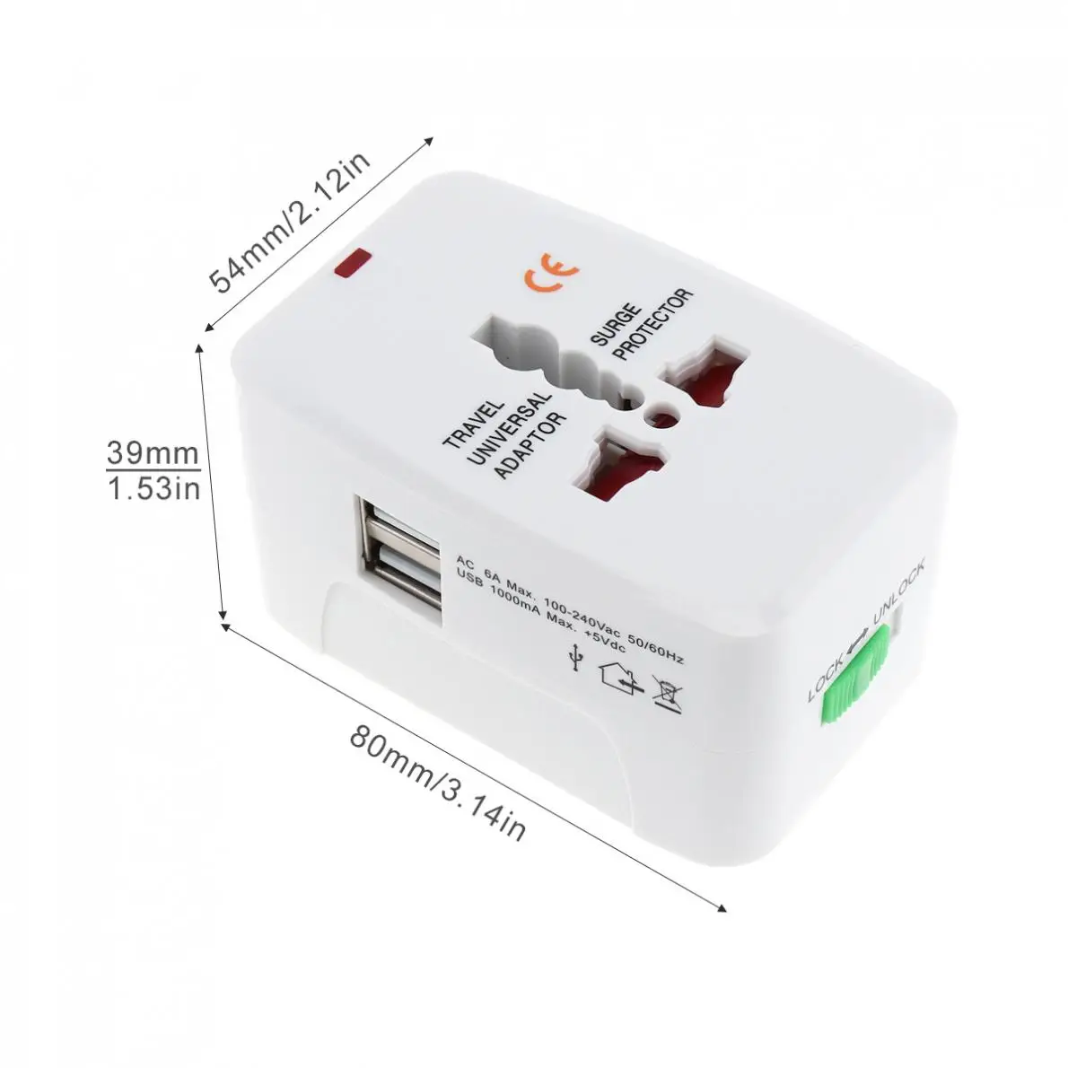 Белый Универсальный адаптер для путешествий с двойным usb-портом питания