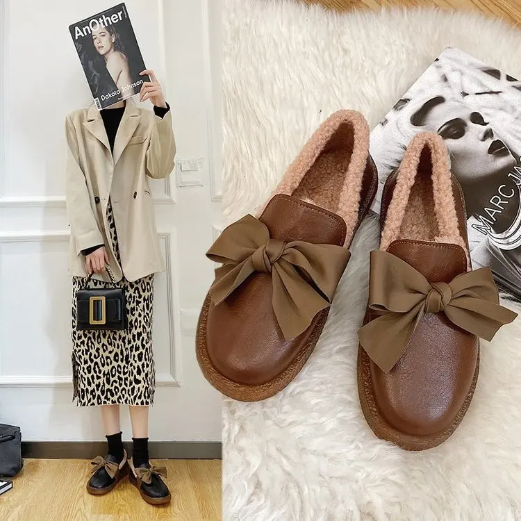 

2021 Winter Cotton shoes women butterfly-knot plush flats pu loafers comfy furry ballerina warm