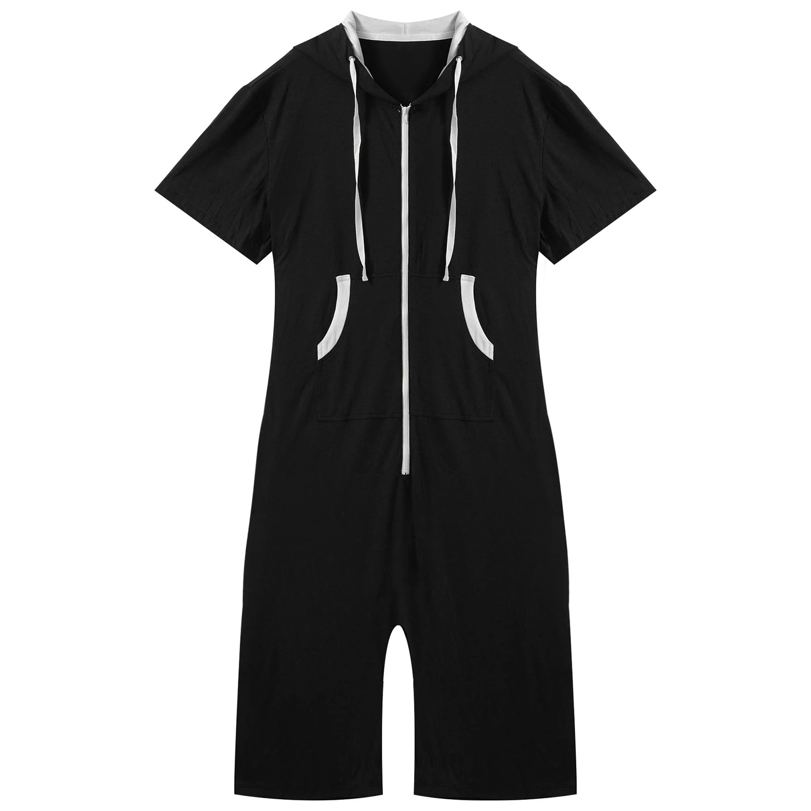 Men Hooded Jumpsuit Pajamas Short Sleeve Zip Comfy Rompers Bodysuit Sleepwear with Pockets