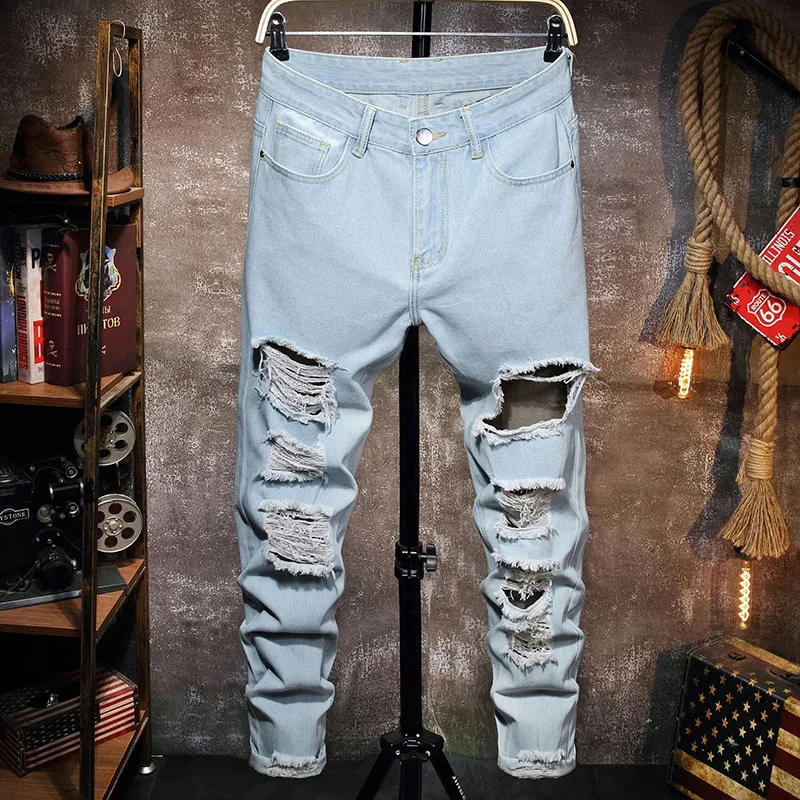 

Vogue Man‘s Ripped Jeans Broken Hole Pants Torn Men's Straight Denim Pants Vintage Washed Trousers Streetwear