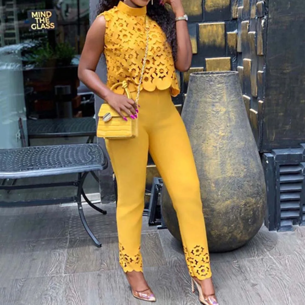 

Hollow Out Two Piece Set Women Summer Sexy Sleeveless Turtleneck Short Top & Legging Pants Set Fall 2 Piece Sets Womens Outfits