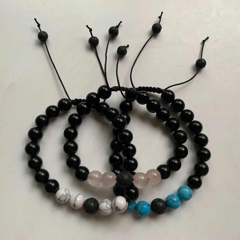 Натуральный черный оникс Кристалл розовый кварц Howlite браслет с бриюзой шнур