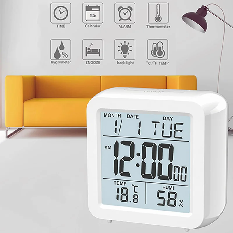 

LED Digital Alarm Clock Backlight Snooze Mute Calendar Electronic Clock Thermometer Hygrometer Humidity Desktop Table Clocks