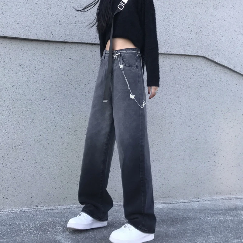 Джинсы женские с широкими прямыми штанинами свободные брюки из денима