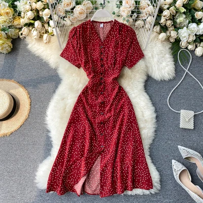 Женское длинное платье в горошек стиле ретро SINGRAIN летнее шифоновое пляжное