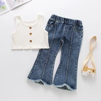 low price promotion summer new kids baby girls sleeveless tops solid vest denim long pants toddler children clothes sets 2pcs