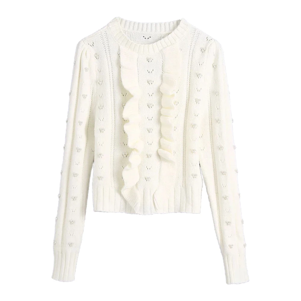 

Pop New Autumn Winter Women Knit Sweater with Faux Pearls bead O-Neck Ruffled Fashion Pullover Casual Female Tops