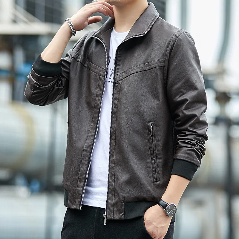 

2020 Men's Autumn New Style Panel PU Leather Jacket Trendy and Casual Youth Collar Handsome Leather Jacket