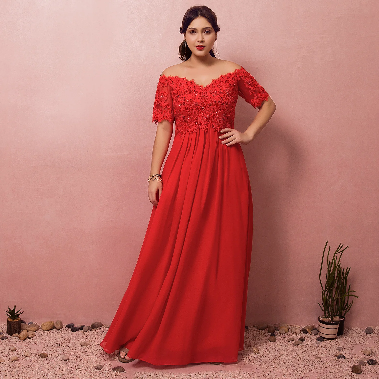 Вечернее платье Элегантное ТРАПЕЦИЕВИДНОЕ с открытыми плечами Красное длинное в