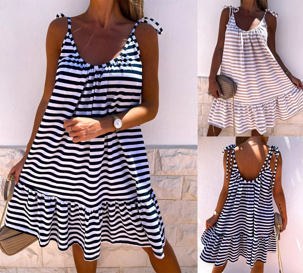 

Casual Sundress Female Beach Dress Midi Sexy Striped Round Neck Halter Women Dress New Summer Boho Hipster Dresses Vestidos