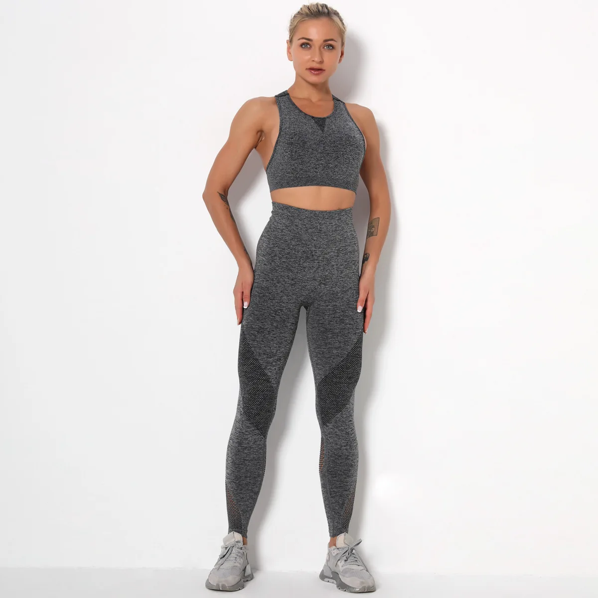 

Sports Running Fitness Pants Seamless Gym Running Leggings New Seamless Knitted High Waist Hip Sexy Hollow Yoga Wear Bra Sets