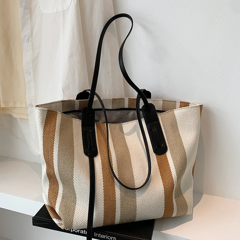 

Роскошная дизайнерская вместительная сумка в полоску для женщин, 2021, модная брендовая дизайнерская Холщовая Сумка-тоут для покупок, сумка ч...