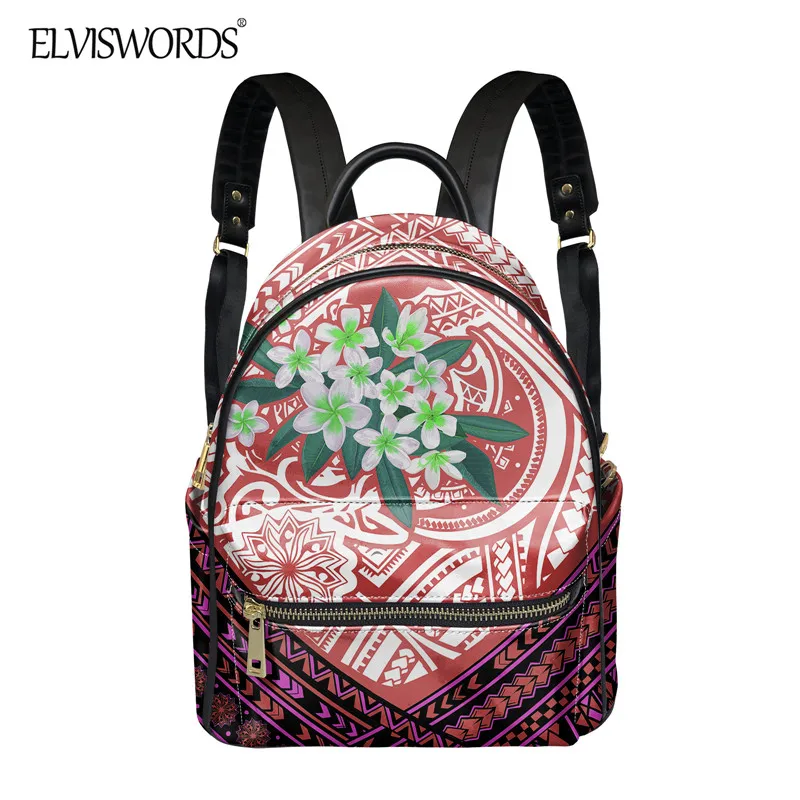 

ELVISWORDS Red Polynesian Flowers Print Women Fashion Shoulder Bag Vintage Tribal Print Travel Backpack Cool Zipper Front Pocket