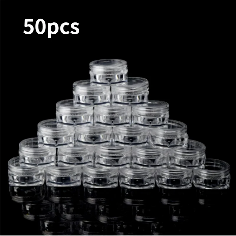 

50pcs Empty Clear Plastic Cosmetic Pot Jars for Nail Art Decorations Glitter Eyeshadow Makeup Face Cream Lip Balm Containers 20g