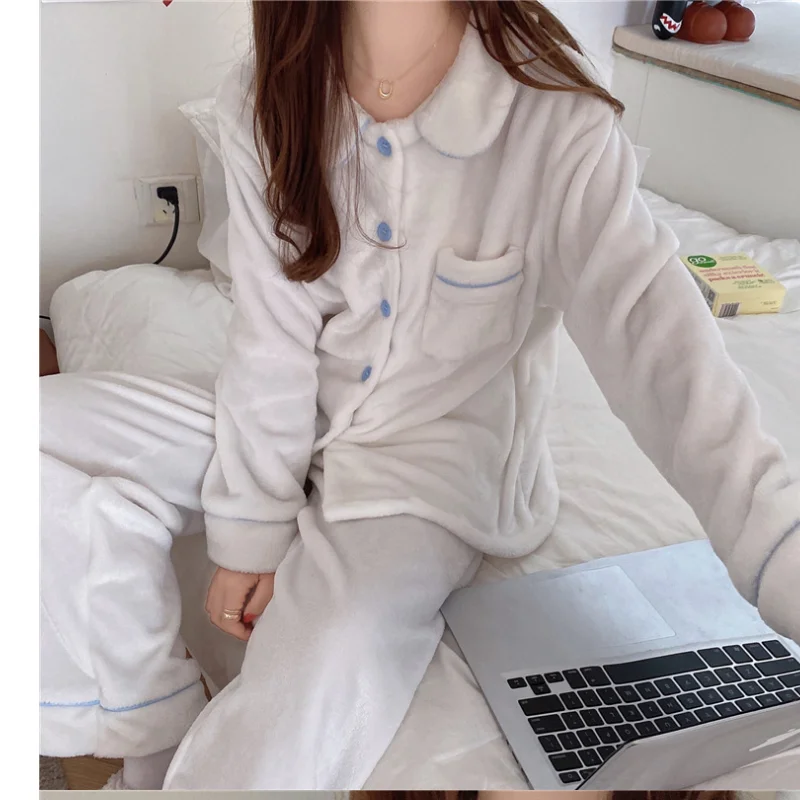

Winter And Autumn Women Pajamas Warm Two Piece New Turn Down Collar Fahsion Comfortable Flannel Solid Color Female Home Wear