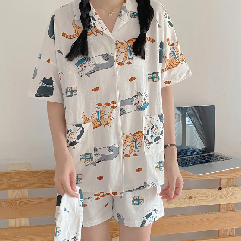 

Summer Girl Sweet And Cute V-Neck Short-Sleeved Shorts Thin Suit Comfortable Silk Women's Home Service 2Piece Set Female Pajamas