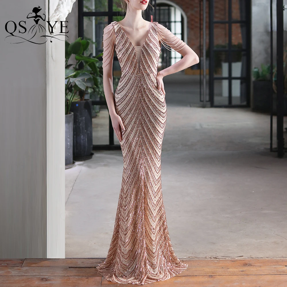 

Wave Sequin Golden Prom Dresses V Neck Mermaid Long Evening Dress Beading Straps Sleeves Fit Formal Party Dress Women Vestido