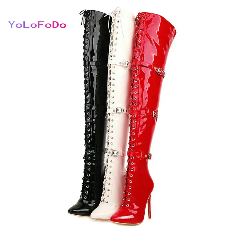 

Женские ботфорты с острым носком, черные, красные, белые сапоги до бедра на тонком высоком каблуке, с пряжкой и перекрестной шнуровкой, обувь...