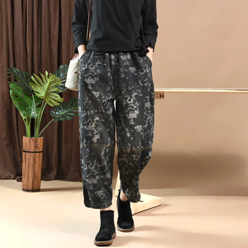 Женские джинсы Осень зима Ретро стиль эластичный пояс свободные джинсовые брюки