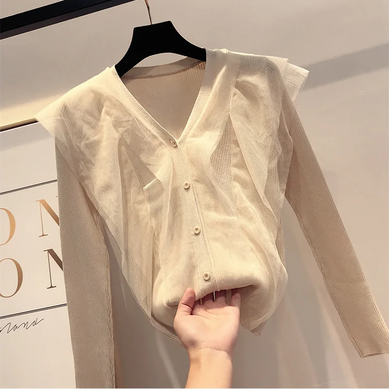 Новый весенний женский модный вязаный кардиган сетчатый свитер с вышивкой