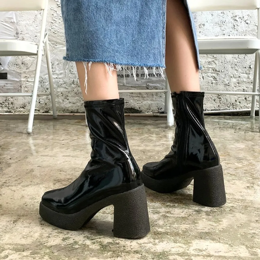 

Hot Sale Womens Square Toe Ankle Boots Platform Chunky High Heel Genuine Leather Punk Motorcycle Shoes Warm Winter 2Colors New 2