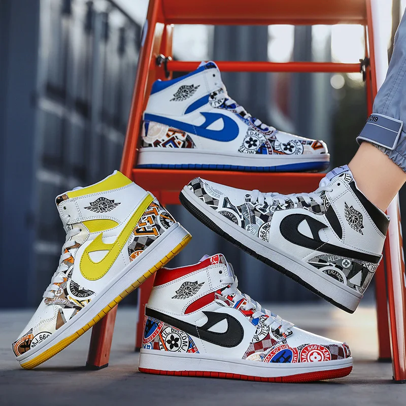 Парные кроссовки новинка 2021 граффити высокие для студентов обувь скейтборда