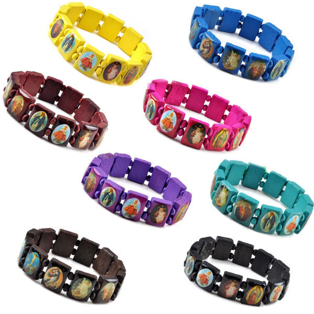 Wholesale 16Pcs/lot Multicolor Jesus Wood Bracelets Women Men Colorful Wooden Saints Rosary Religious For Best Friends Gift | Украшения и